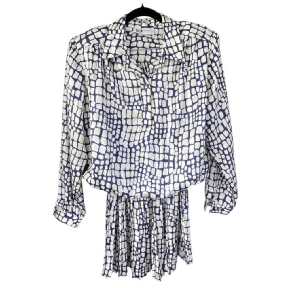 80s Vintage Da-Rue of California Dress Blue White‎ Abstract Pleated Size 14